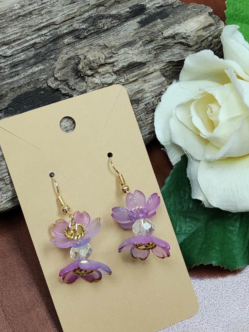 Hand Crafted Floral Drop Earrings with Flowers & Gold Toned Accents